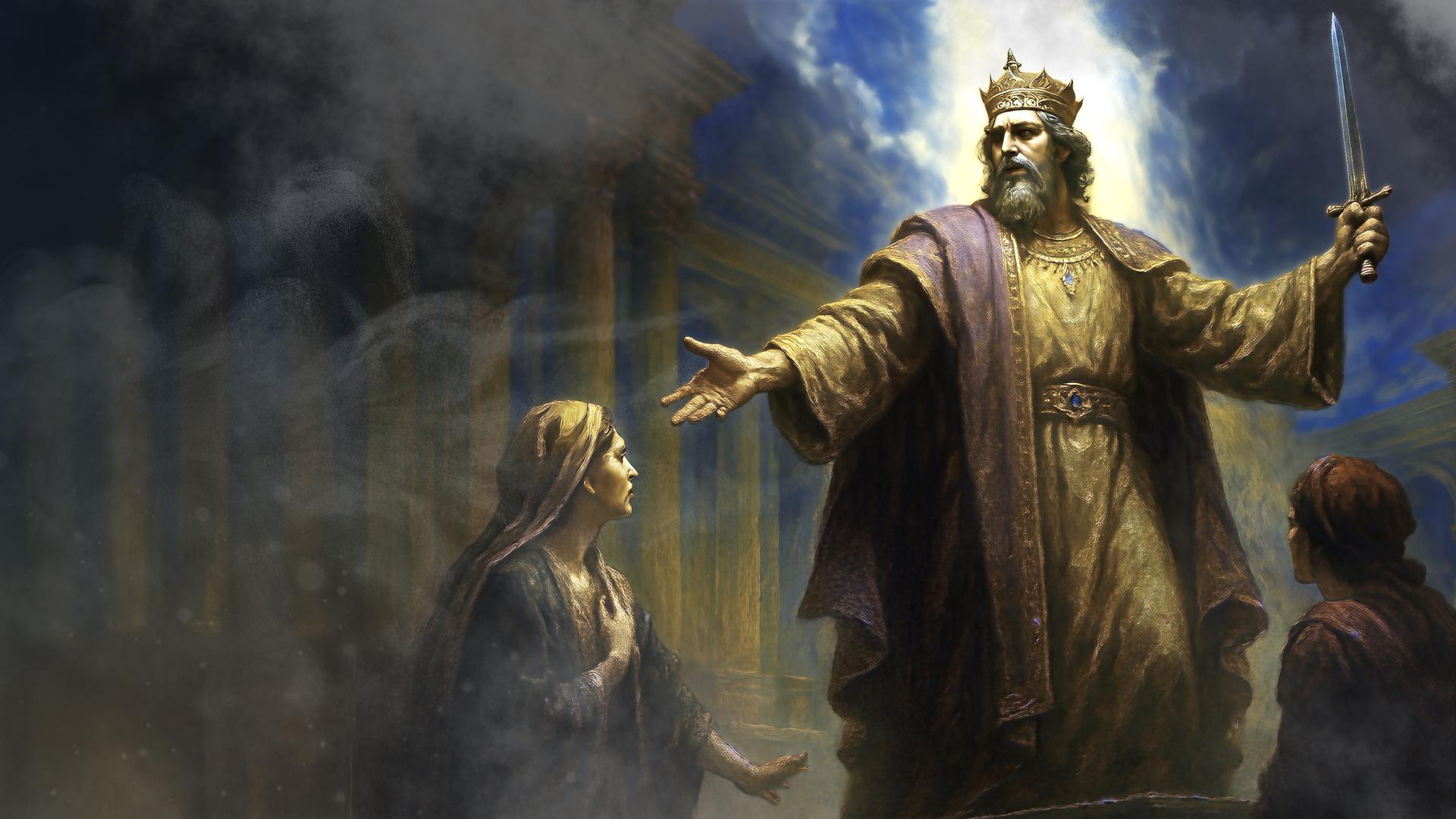 Animation: König Salomon spricht ein Urteil.