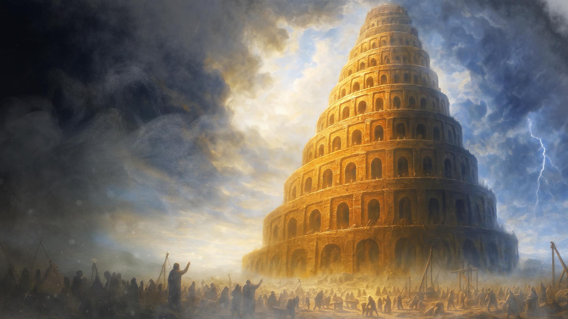 Animation: Vor einem monumentalen spiralförmiger Ziegelturm befinden sich viele Menschen, am Himmel sind dunkle Gewitterwolken.