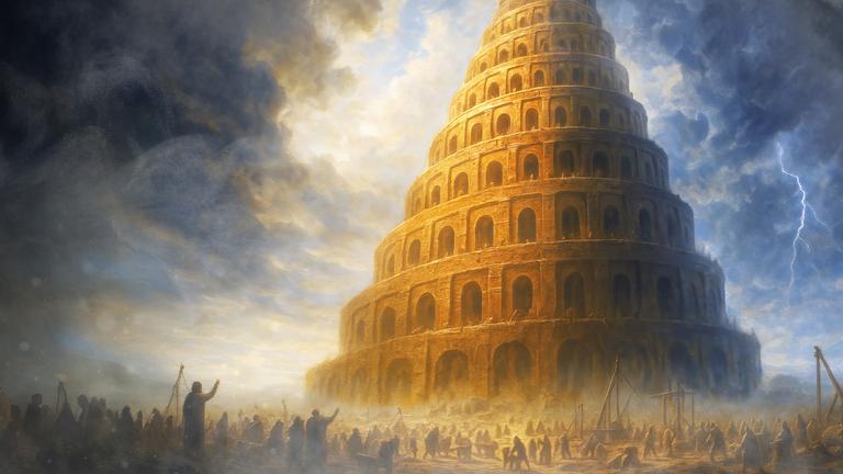 Animation: Vor einem monumentalen spiralförmiger Ziegelturm befinden sich viele Menschen, am Himmel sind dunkle Gewitterwolken.