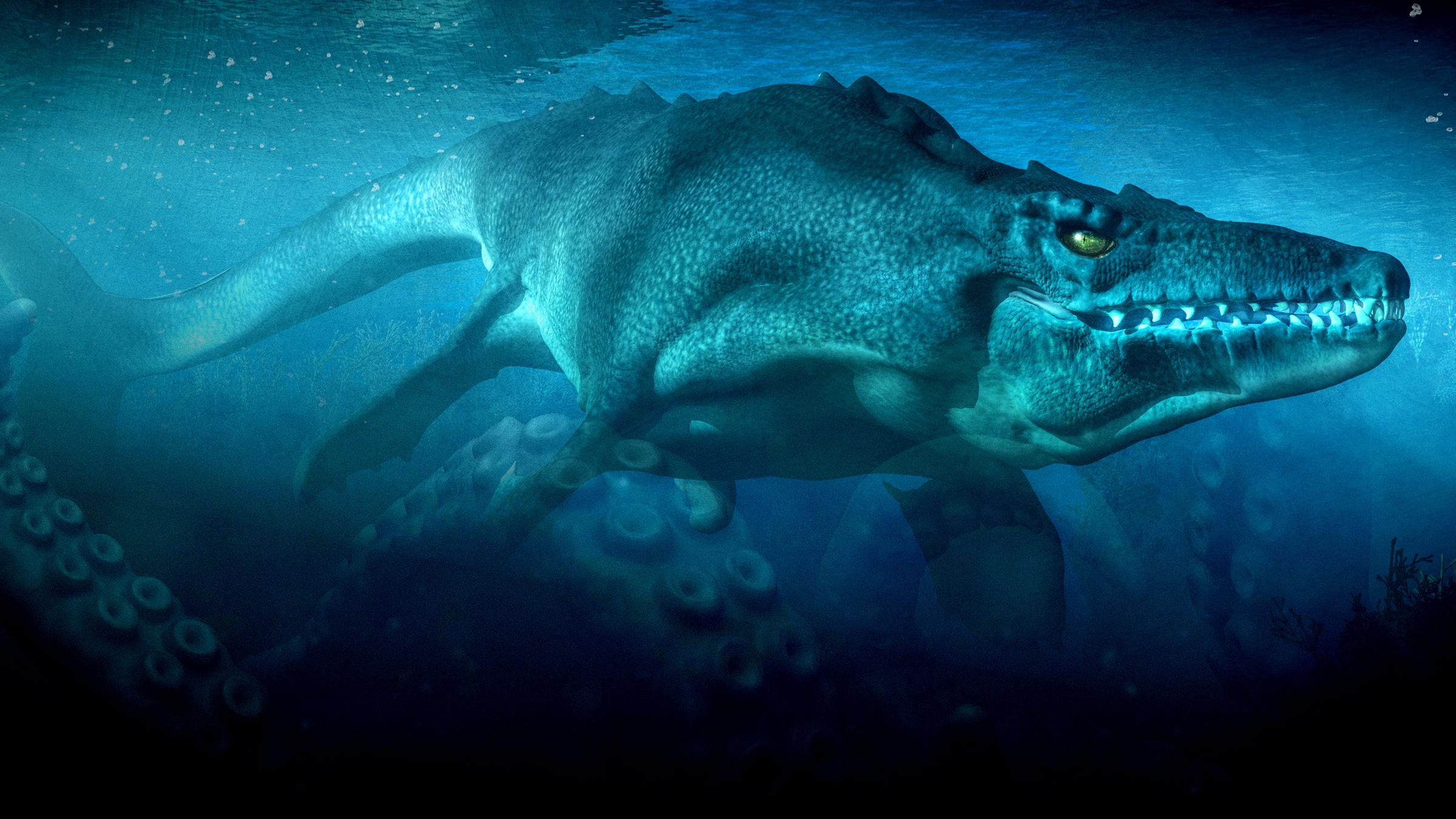 Computergrafik: Ein Seeungeheuer unter Wasser. Von unten winden sich weitere Tentakel durchs Bild.