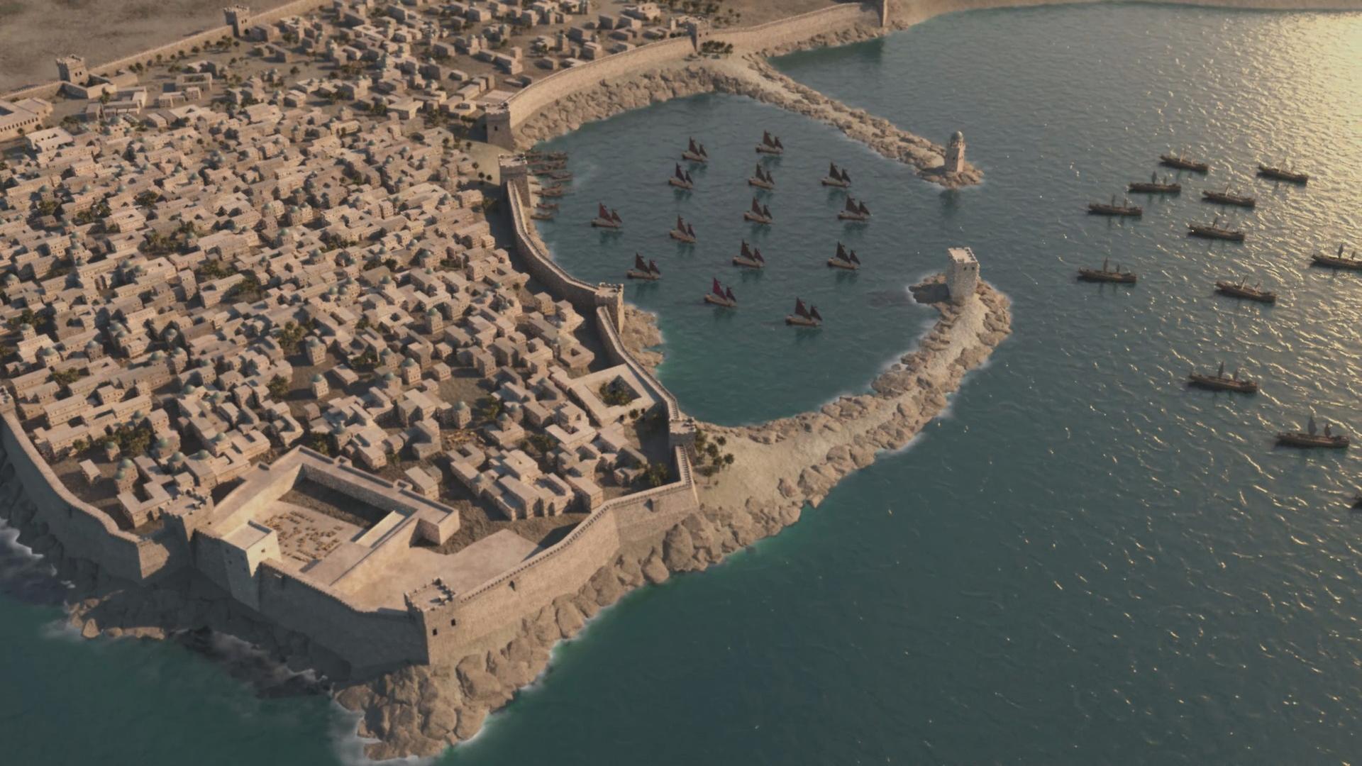 Digitales 3D-Modell aus Vogelperspektive der befestigten Stadt Akkon. Im Hafenbecken und vor der Hafeneinfahrt sind mehrere Schiffe zu erkennen.