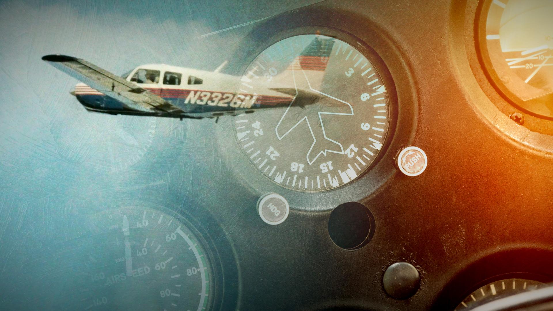  Links eine Propellermaschine in der Luft, rechts verschiedene Bordinstrumente