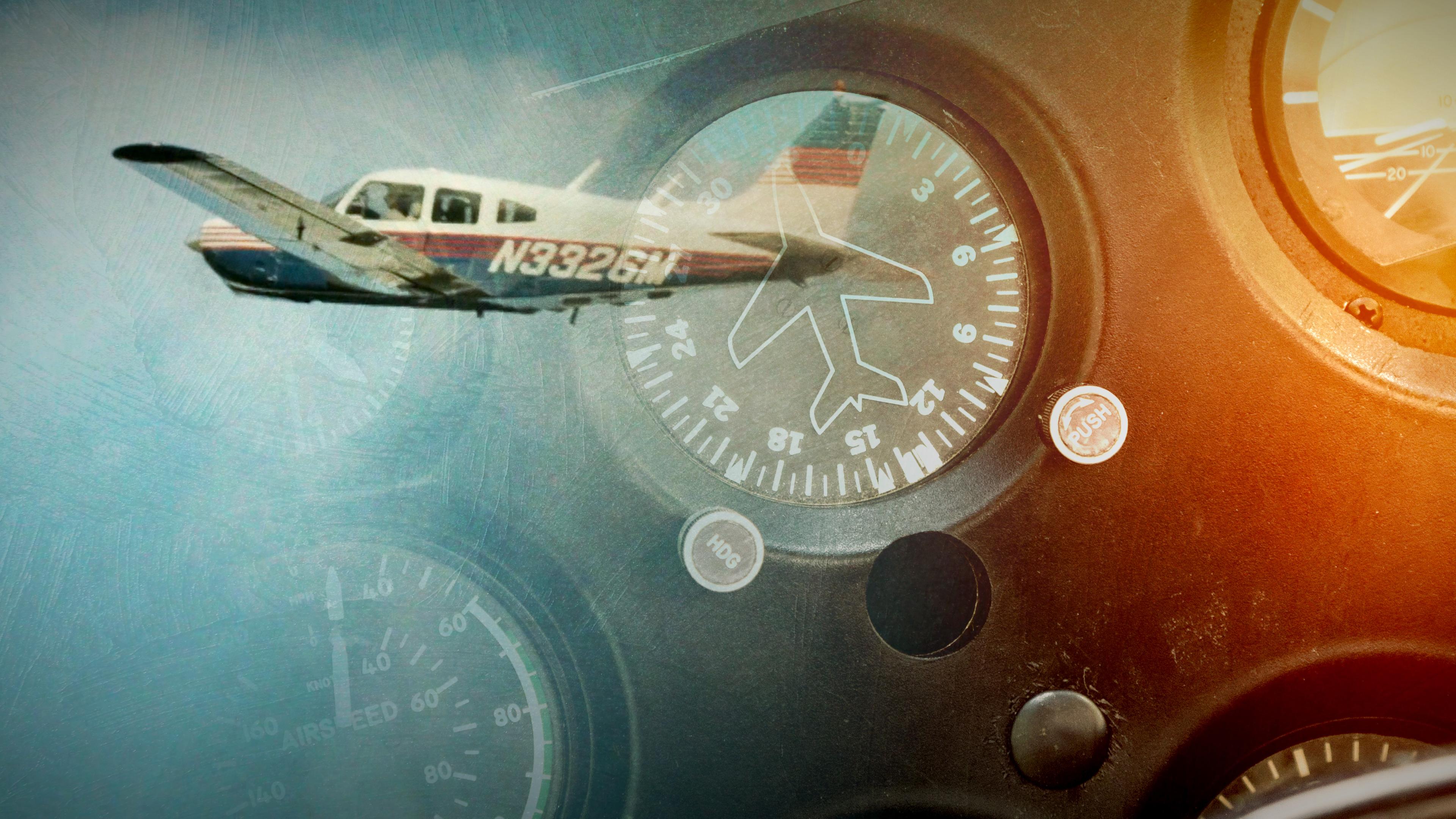 "Mythos - Die größten Rätsel der Geschichte - Das Bermudadreieck": links eine Propellermaschine in der Luft, rechts verschiedene Bordinstrumente