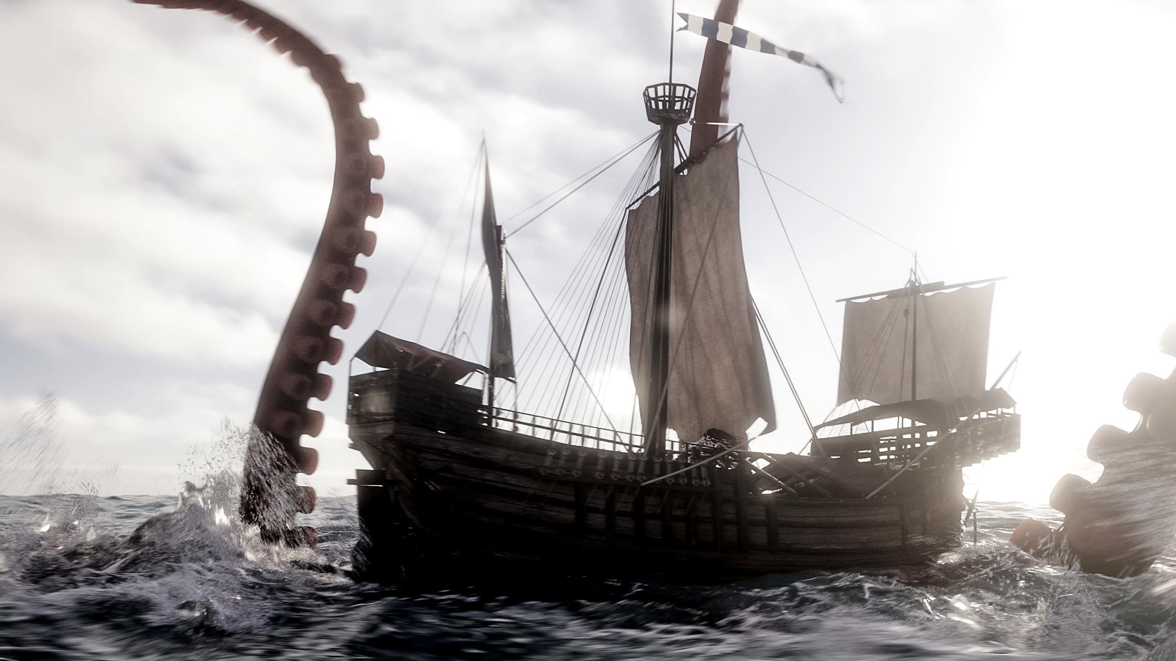 Eine Riesenkrake schwimmt um ein Schiff.