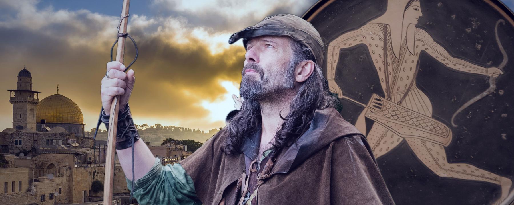 "Mythos - die größten Rätsel der Geschichte": Montage: zentral Robin Hood, rechts dahinter eine alte Keramikmalerei mit dem Bildnis einer Amazone; links im Hintergrund Jerusalem im Sonnenuntergang