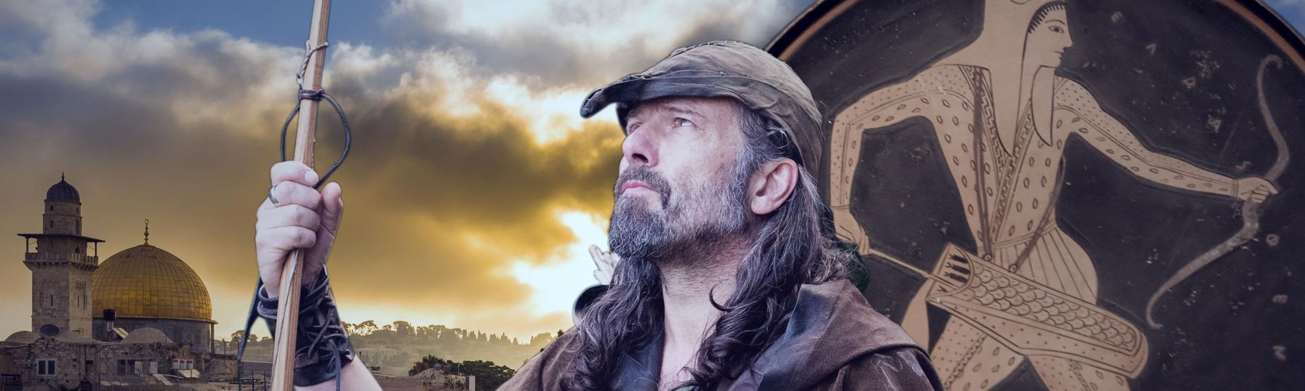 "Mythos - die größten Rätsel der Geschichte": Montage: zentral Robin Hood, rechts dahinter eine alte Keramikmalerei mit dem Bildnis einer Amazone; links im Hintergrund Jerusalem im Sonnenuntergang