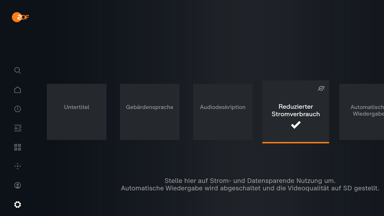 Screenshot ZDF Streaming-Einstellungen, in denen man "reduzierten Stromverbrauch" einstellen kann