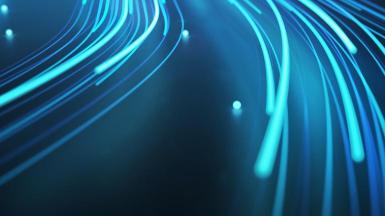 Abstraktes Bild: Stilisierte leuchtende Glasfaserlichtstreifen und Punkte auf dunkelbaluer Platte