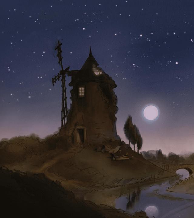 Es ist tiefe Nacht und die Sterne funkeln am Himmel. Der Mond leuchtet die alte Mühle an. Rechts neben der alten Mühle fließt ein Fluss.
