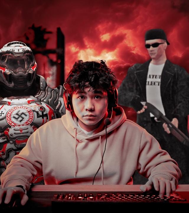 Junge spielt am Rechner, im Hintergrund rechtsextreme Symbole