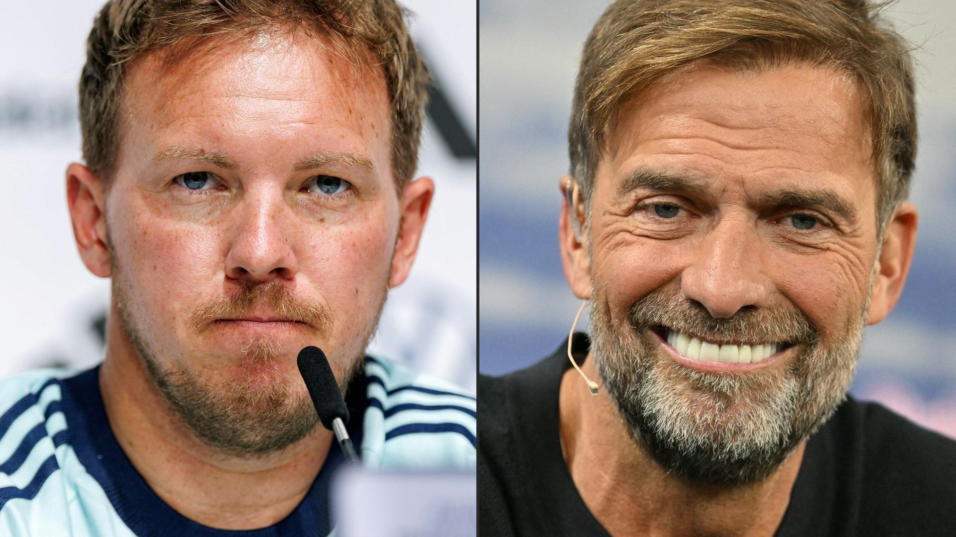 This combination of pictures created on July 03, 2026 shows then Germany's head coach Julian Nagelsmann (L) addressing a press conference on May 27, 2026 in Herzogenaurach and