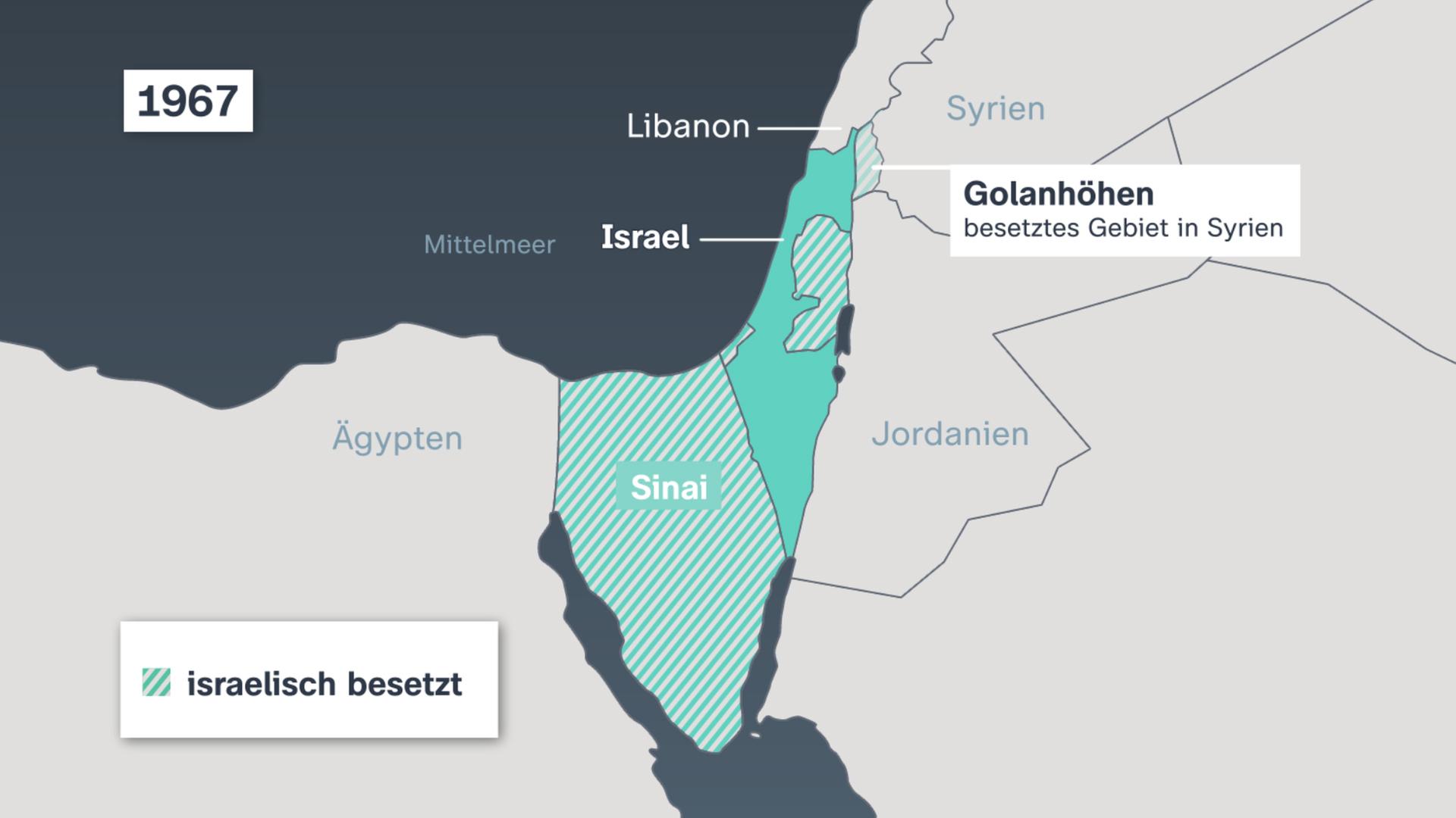 Karte von 1967 zeigt die Eroberungsgebiete von Israel. 