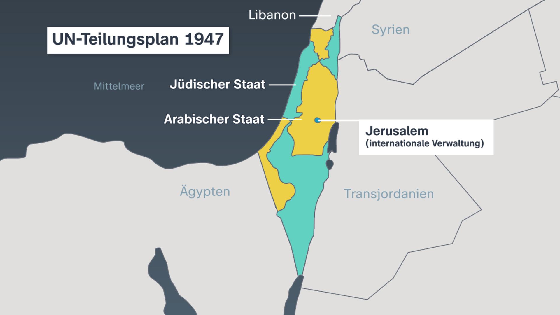 Die Karte zeigt die Gebiete des arabischen Staates und Jüdischen Staates wie es der UN-Teilungsplan 1947 vorgesehen hatte. 
