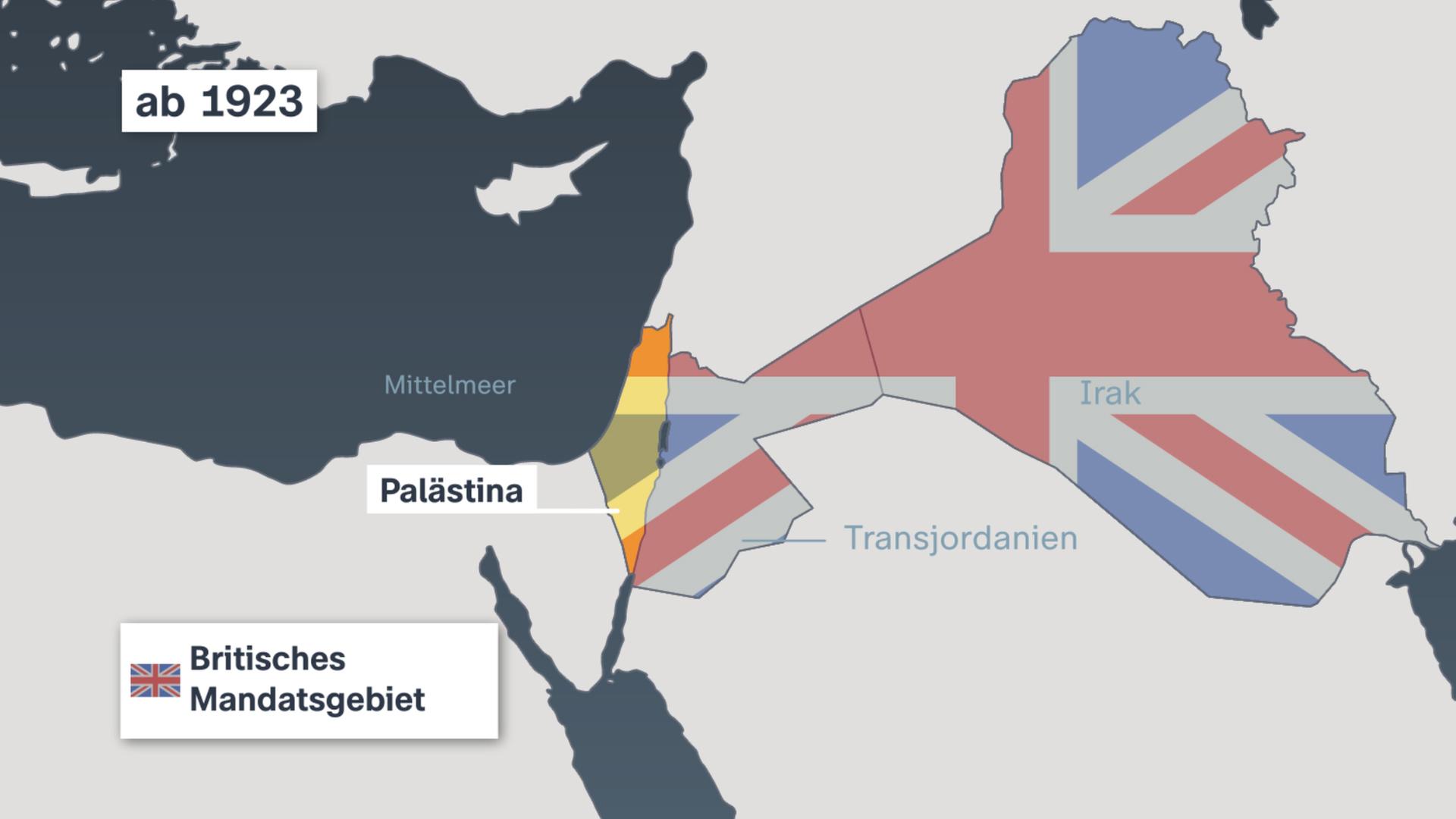 Die Karte zeigt die Region Palästina ab 1923, dass damals unter britischem Mandatsgebite stand. 