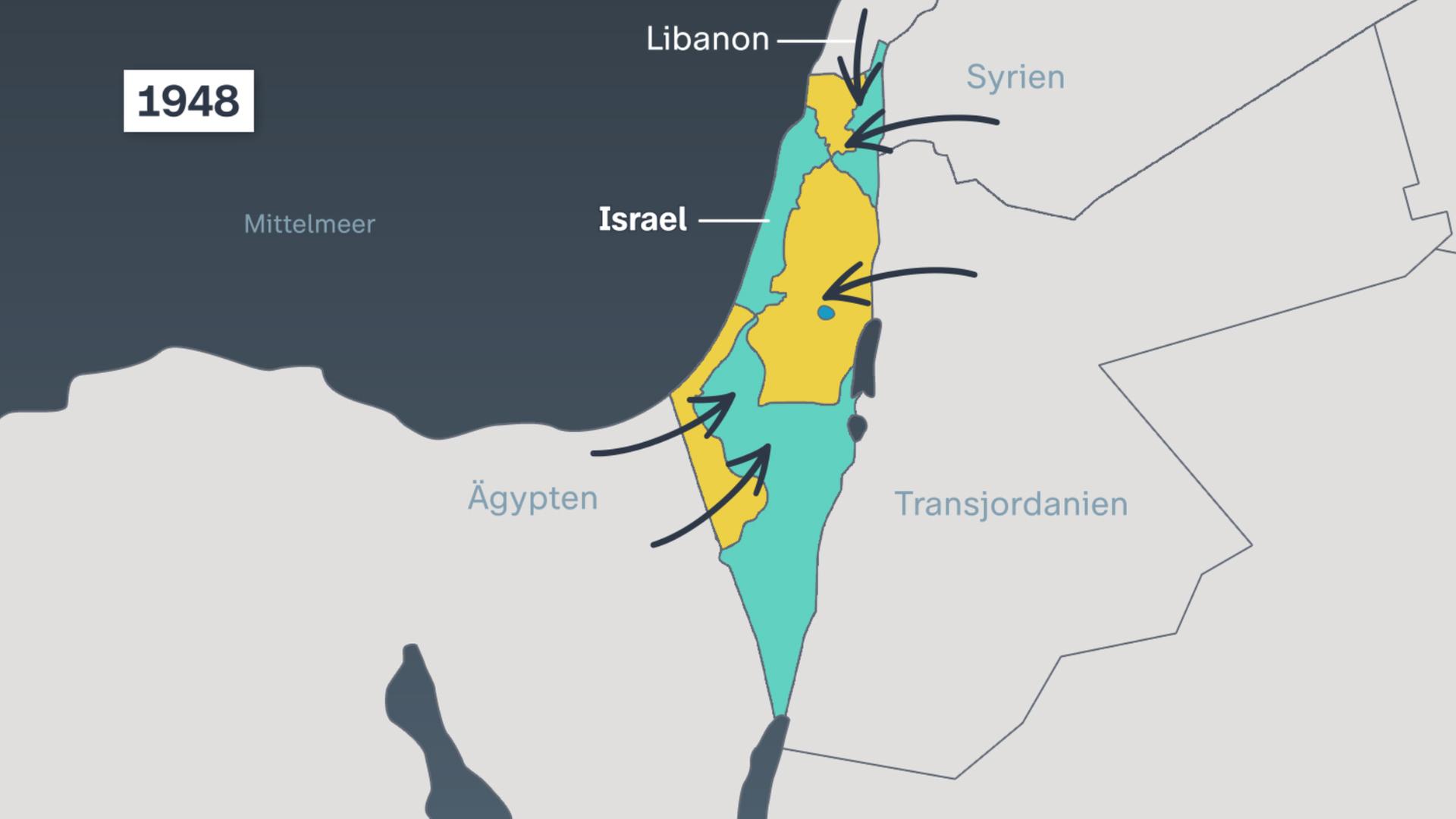 Karte zeigt Israel und den Angriff der arabischen Länder nach der Gründung des Staates Israel 1948