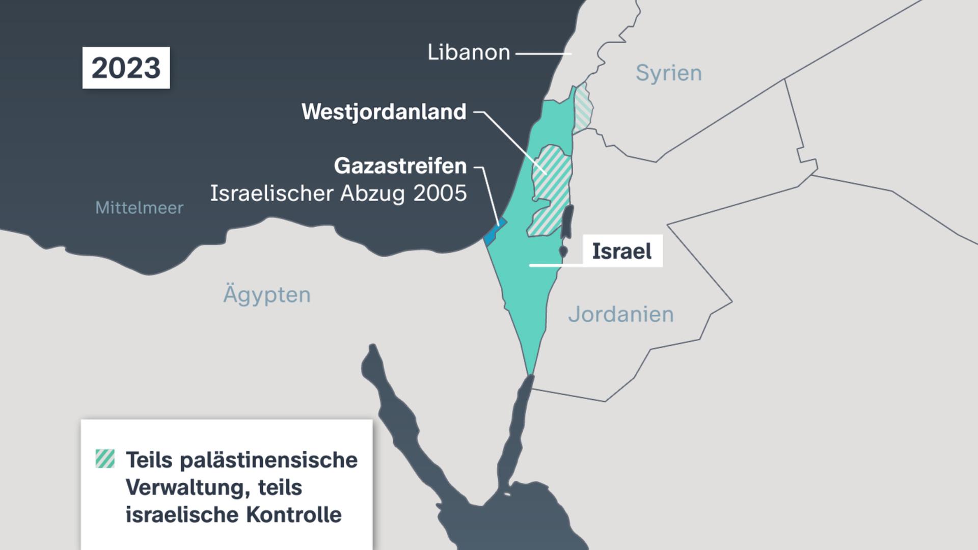 Die Karte zeigt die Grenzgebiete von Israel, Gazastreifen, Westjordanland heute. 