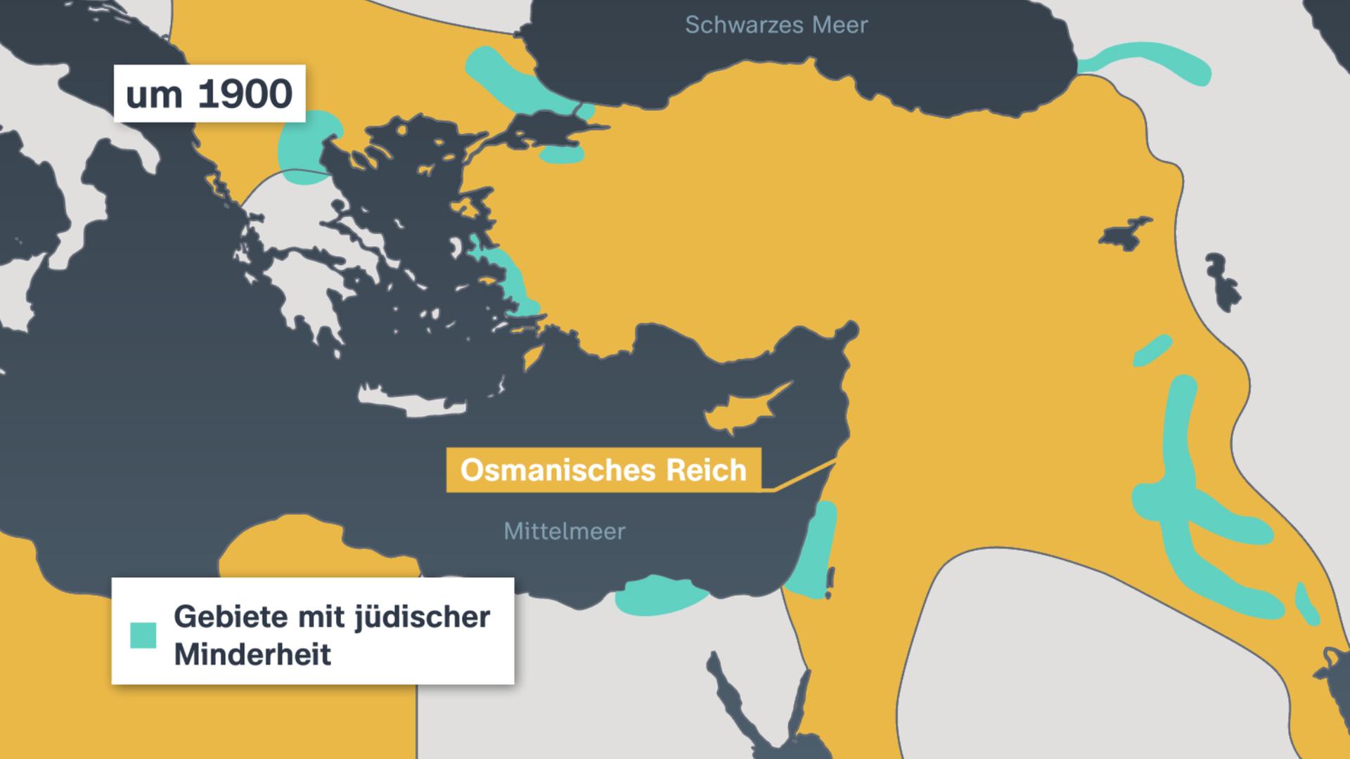 Karte zeigt das Osmanische Reich und die jüdischen Gebiete. Damals lebeten Muslime und Juden weitgehend friedlich zusammen. 
