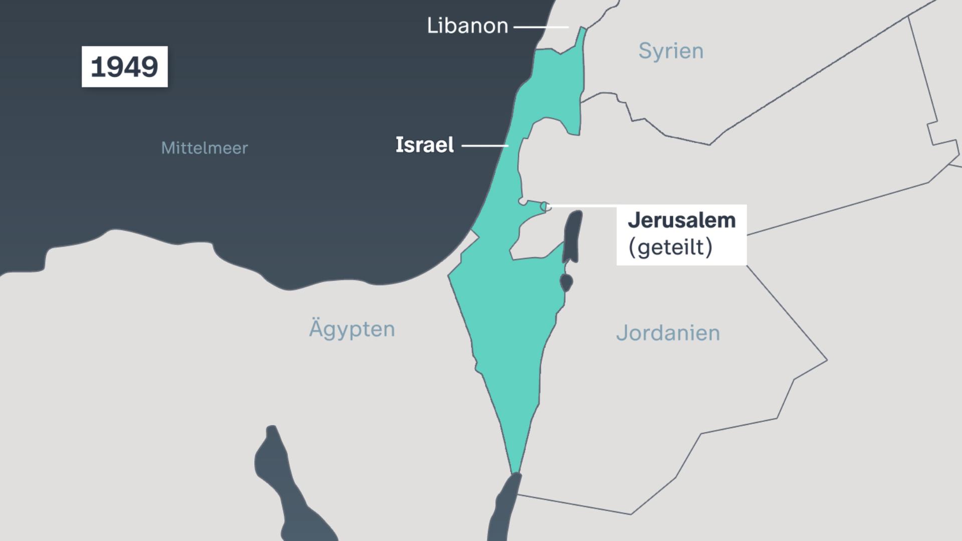 Die Karte zeigt die Gebiete, die Israel nach dem Krieg 1948 gewinnt.