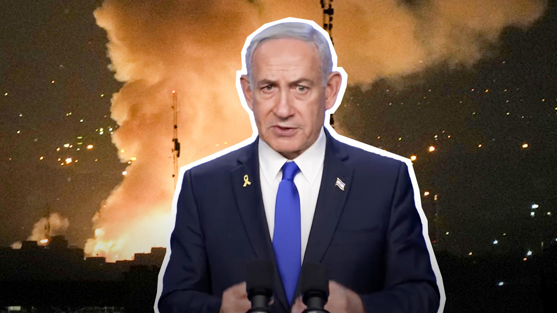 Der israelische Präsident Benjamin Netanjahu vor einer Explosion.