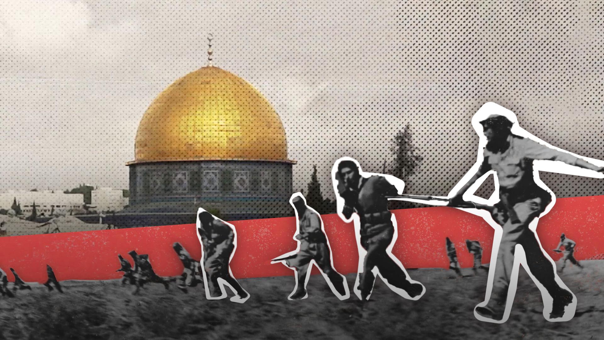 Soldaten im Angriff mit der Stadt Jerusalem im Hintergrund