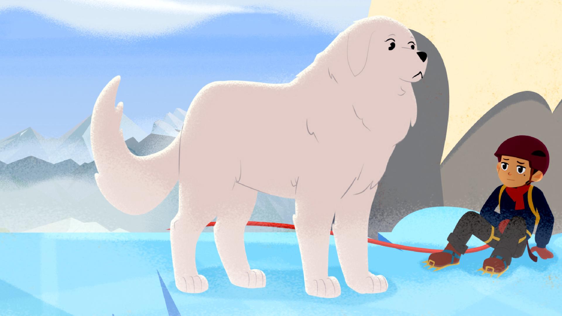 Sebastian erklimmt den "namenlosen Gipfel". Er verschnauft und lehnt sich an die Bergwand. Belle steht neben ihm auf einer Eisfläche.