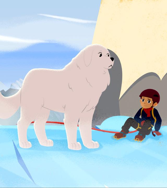 Sebastian erklimmt den "namenlosen Gipfel". Er verschnauft und lehnt sich an die Bergwand. Belle steht neben ihm auf einer Eisfläche.