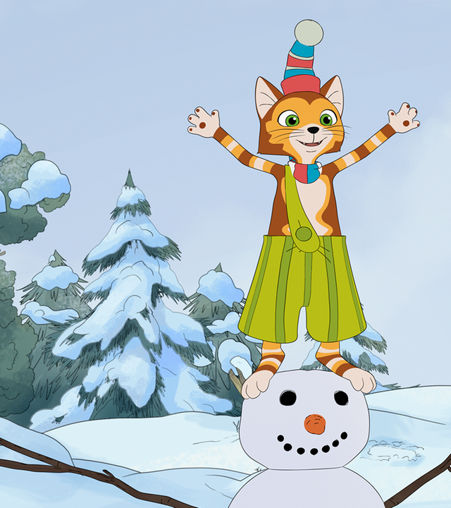 Findus steht voller Freude auf dem Kopf eines Schneemanns.