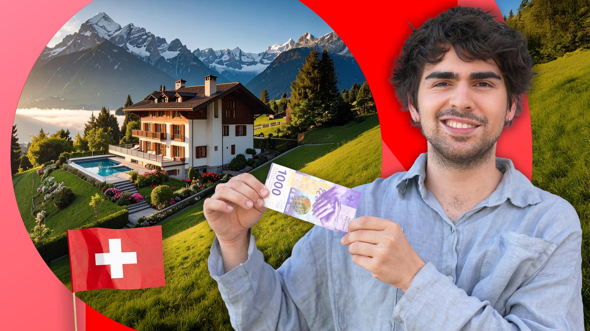 Idan Hanin hält einen Schweizer Geldschein vor einer luxuriösen Alpenvilla und verschneiten Bergen in die Kamera, während eine Schweizer Flagge das Thema Reichtum und Wohlstand symbolisiert.