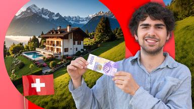 Idan Hanin hält einen Schweizer Geldschein vor einer luxuriösen Alpenvilla und verschneiten Bergen in die Kamera, während eine Schweizer Flagge das Thema Reichtum und Wohlstand symbolisiert.