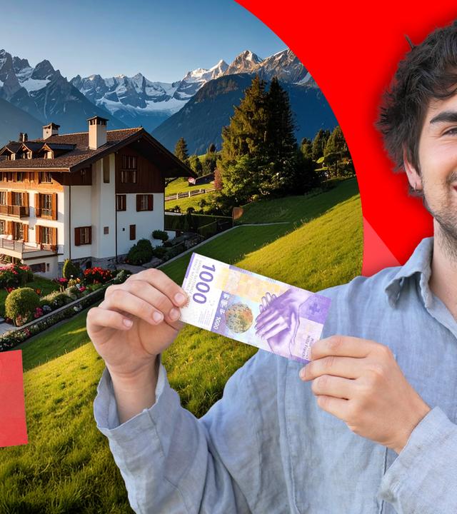 Idan Hanin hält einen Schweizer Geldschein vor einer luxuriösen Alpenvilla und verschneiten Bergen in die Kamera, während eine Schweizer Flagge das Thema Reichtum und Wohlstand symbolisiert.