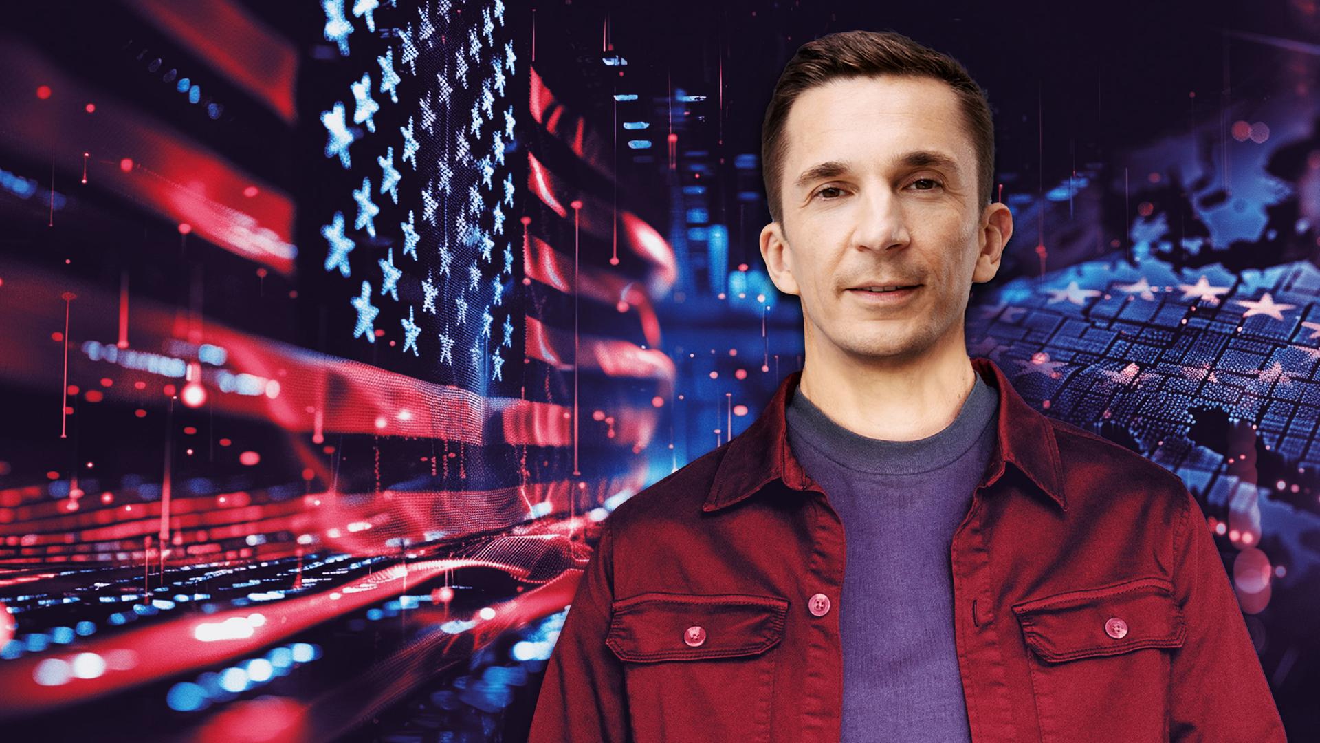 Eric Mayer vor einer Flagge