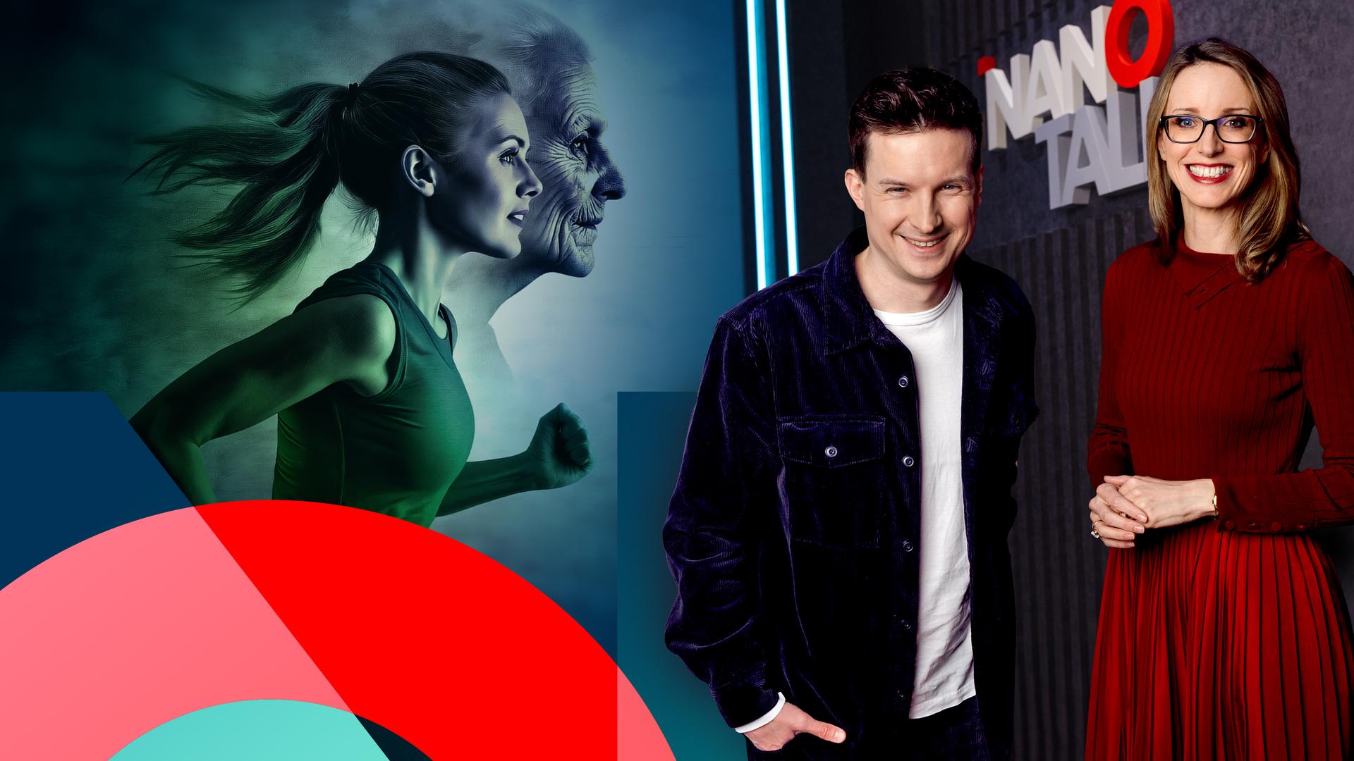 Die Moderatorin Alena Buyx mit einem Gast im Studio, im Hintergrund eine Illustration von zwei laufenden Frauen, jene im Vordergrund jung, im Hintergrund gealtert