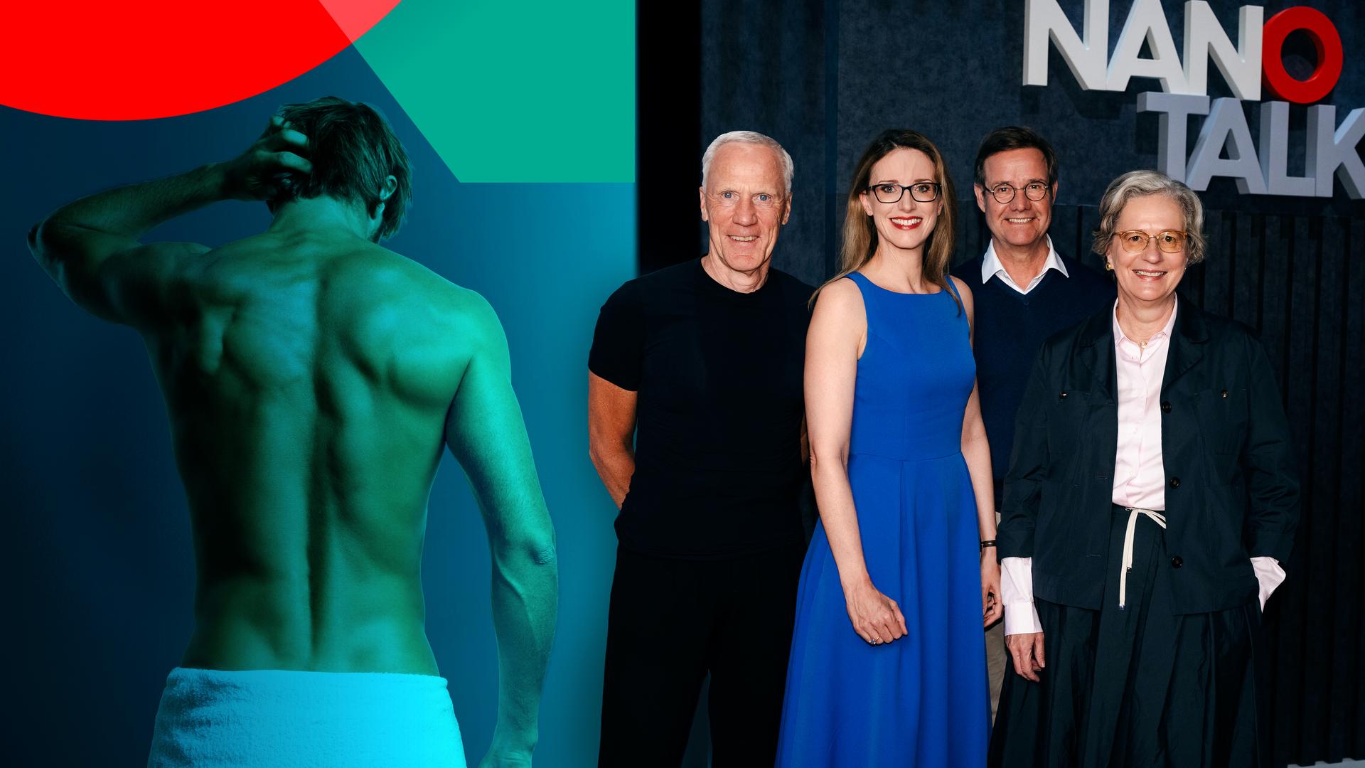 Die Moderatorin und ihre drei Gäste im Hintergrund das Studio und ein muskulärer männlicher Rücken