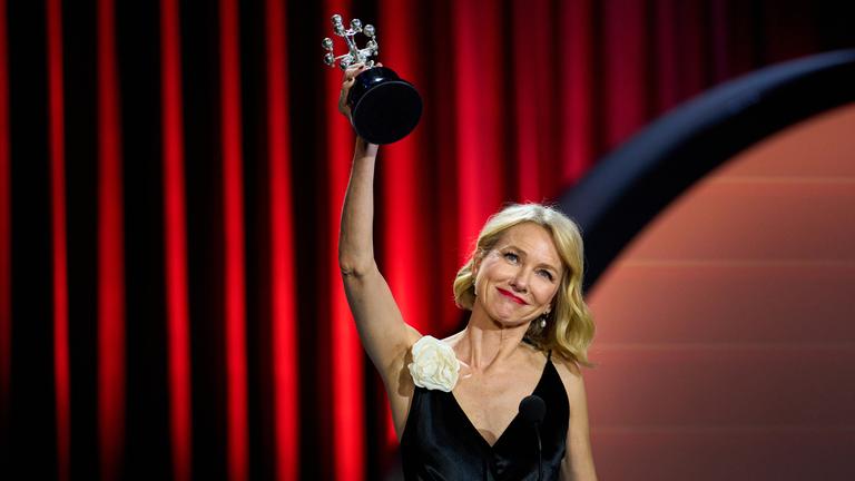 Auf dem Bild ist zu sehen: Naomi Watts beim Filmfestival in San Sebastián, wie sie den Donostia-Preis in die Höhe hält. 