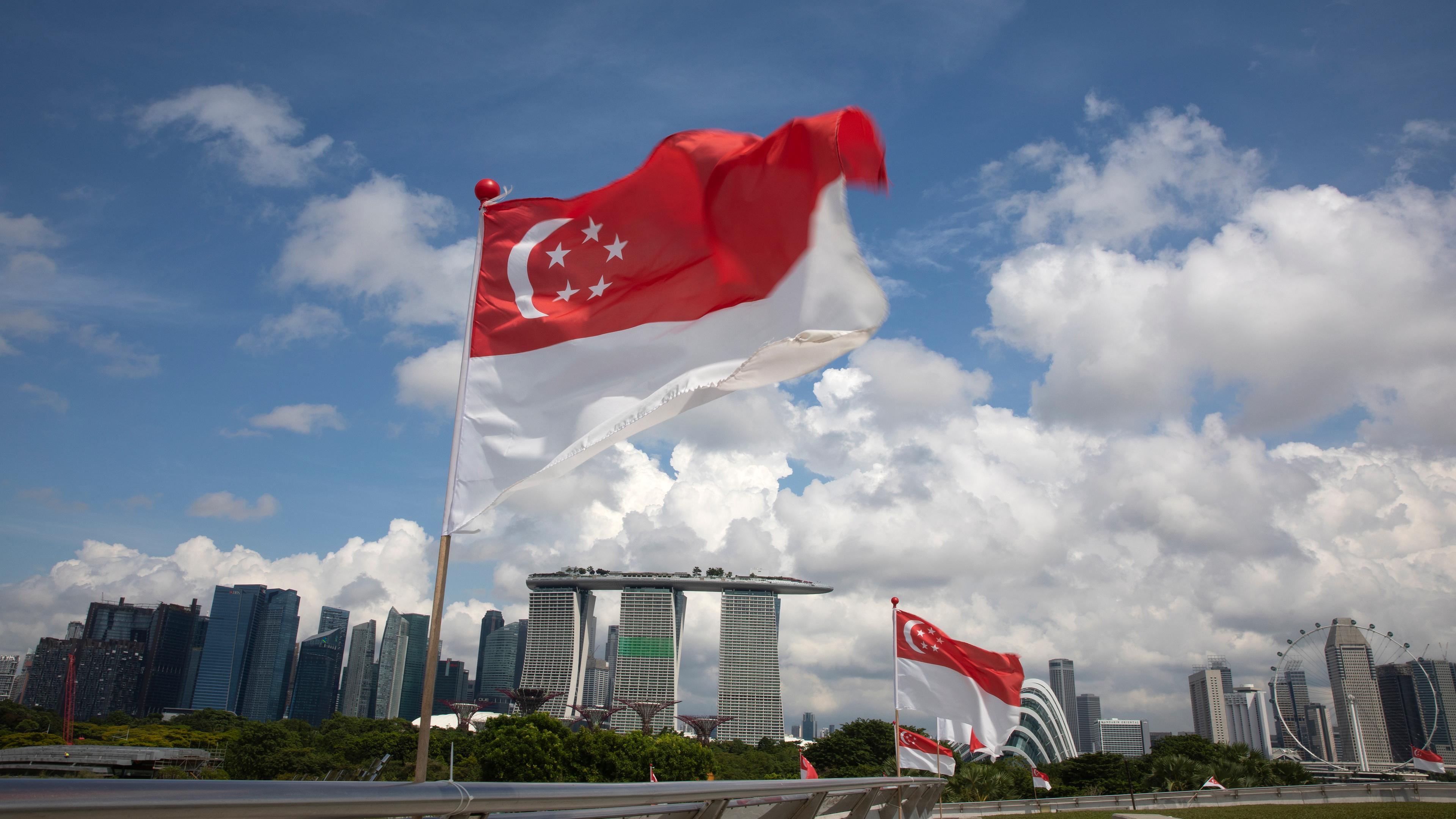 Nationalflagge vor der Skyline Singapurs