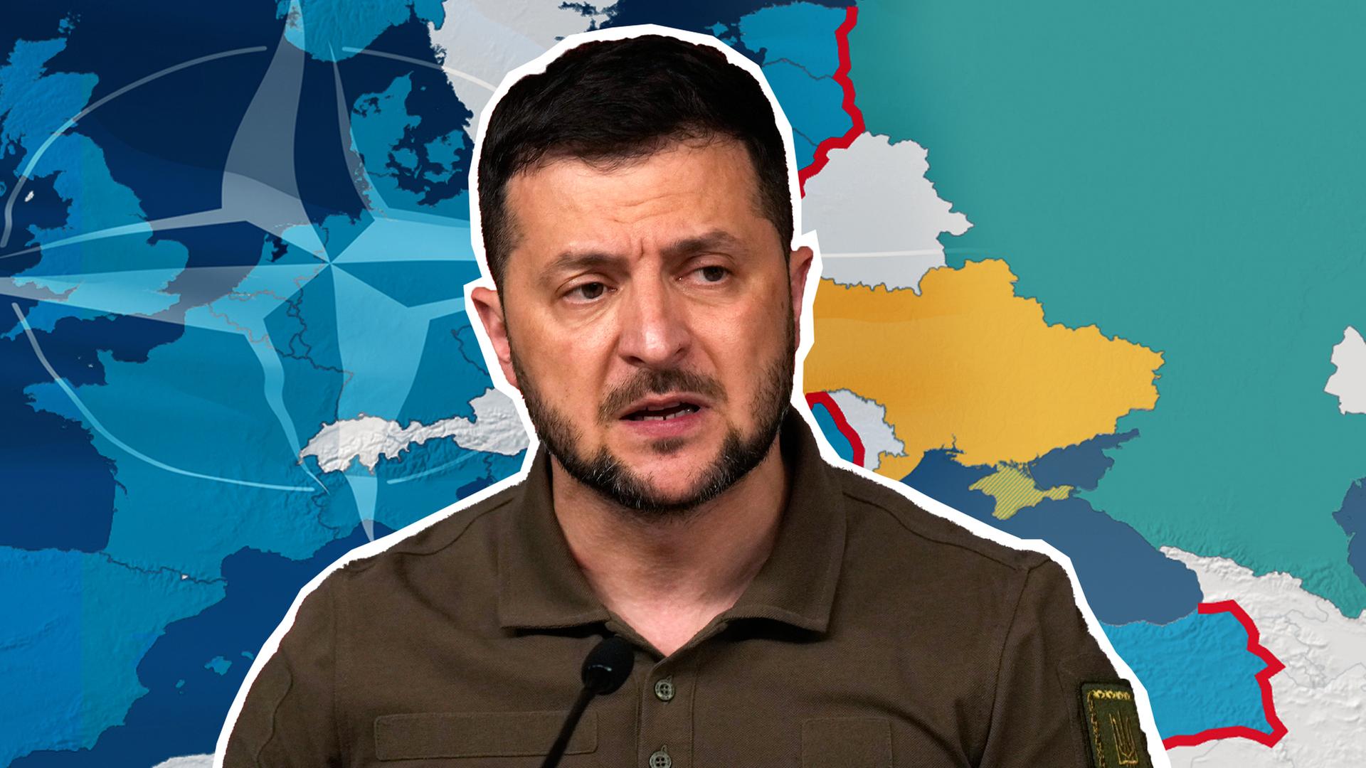 Der ukrainische Präsident Selenskyj vor einer Karte, die das osteuropäische Nato-Territorium zeigt.