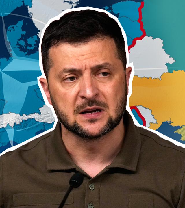 Der ukrainische Präsident Selenskyj vor einer Karte, die das osteuropäische Nato-Territorium zeigt.