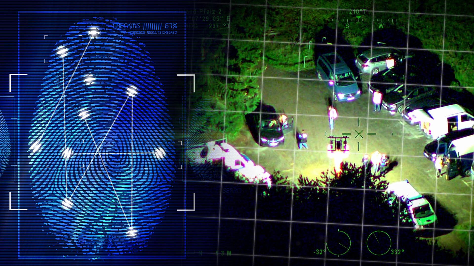 Luftaufname aus einem Hubschrauber zeigt einen Bunkereingang im Wald. Das Bild wurde technisch bearbeitet.Links daneben: Lichtschematische Darstellung eines Fingerabdrucks.