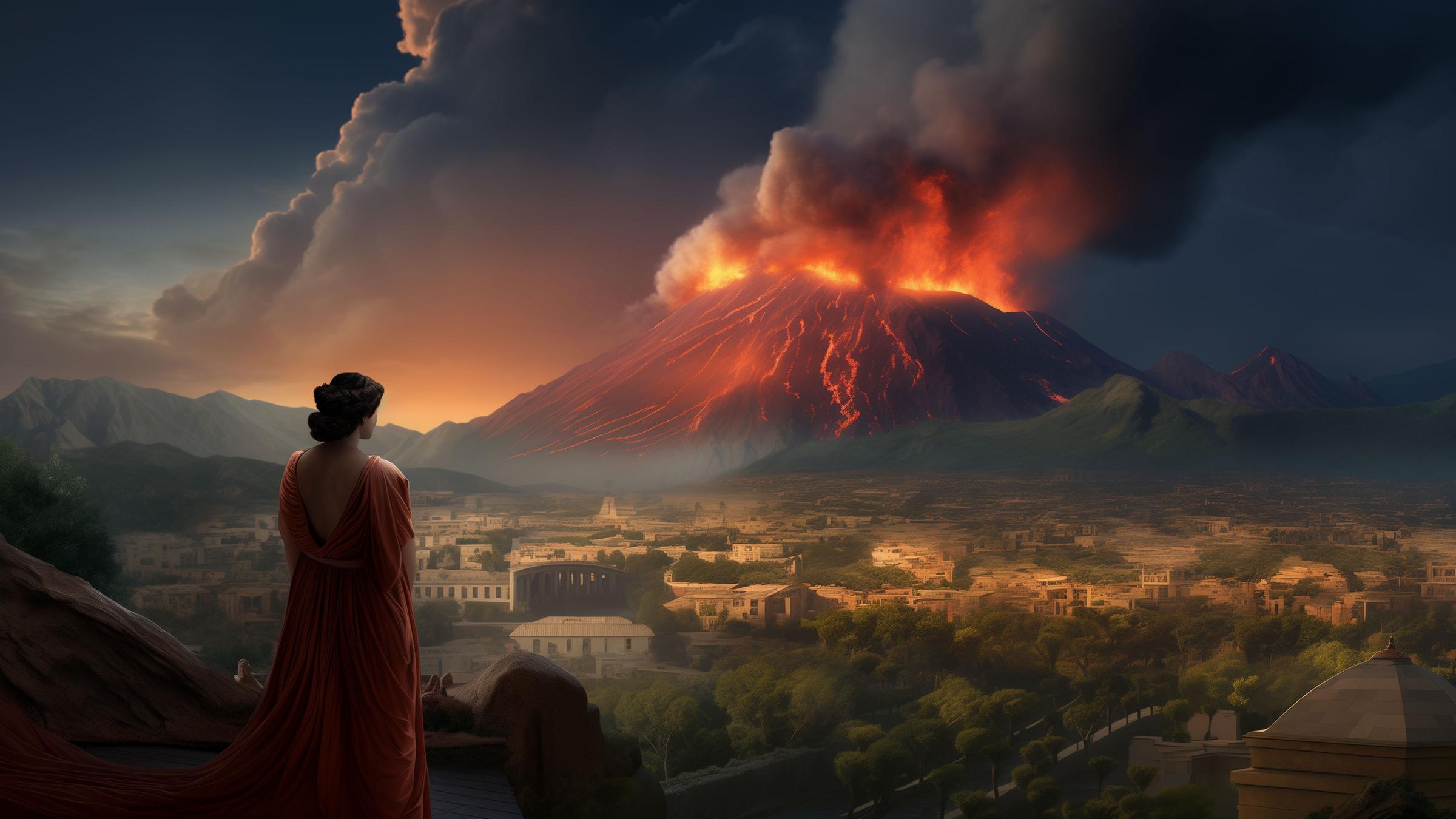 Frau in antiker Kleidung schaut über eine Stadt im Tal zu einem ausbrechenden Vulkan mit Lavaströmen, die ins Tal fließen.
