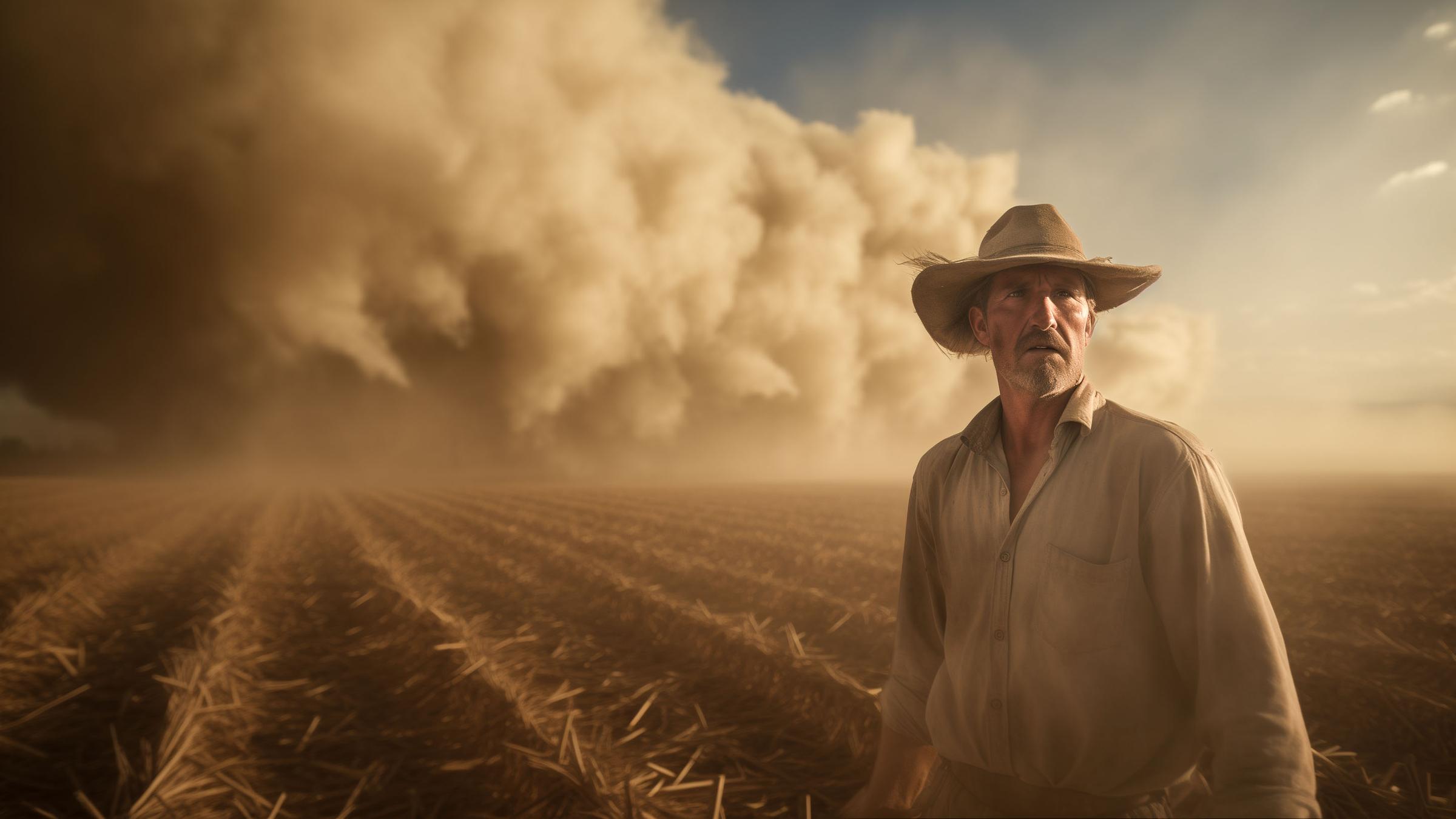 Mann mit großem Hut steht vor einem abgeernttetem Feld im Hintergrund eine rießige Staubwolke, die fast den ganzen Himmel verdeckt.