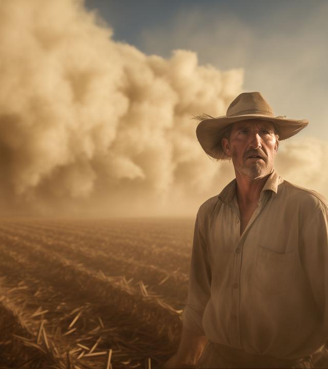 Mann mit großem Hut steht vor einem abgeernttetem Feld im Hintergrund eine rießige Staubwolke, die fast den ganzen Himmel verdeckt.