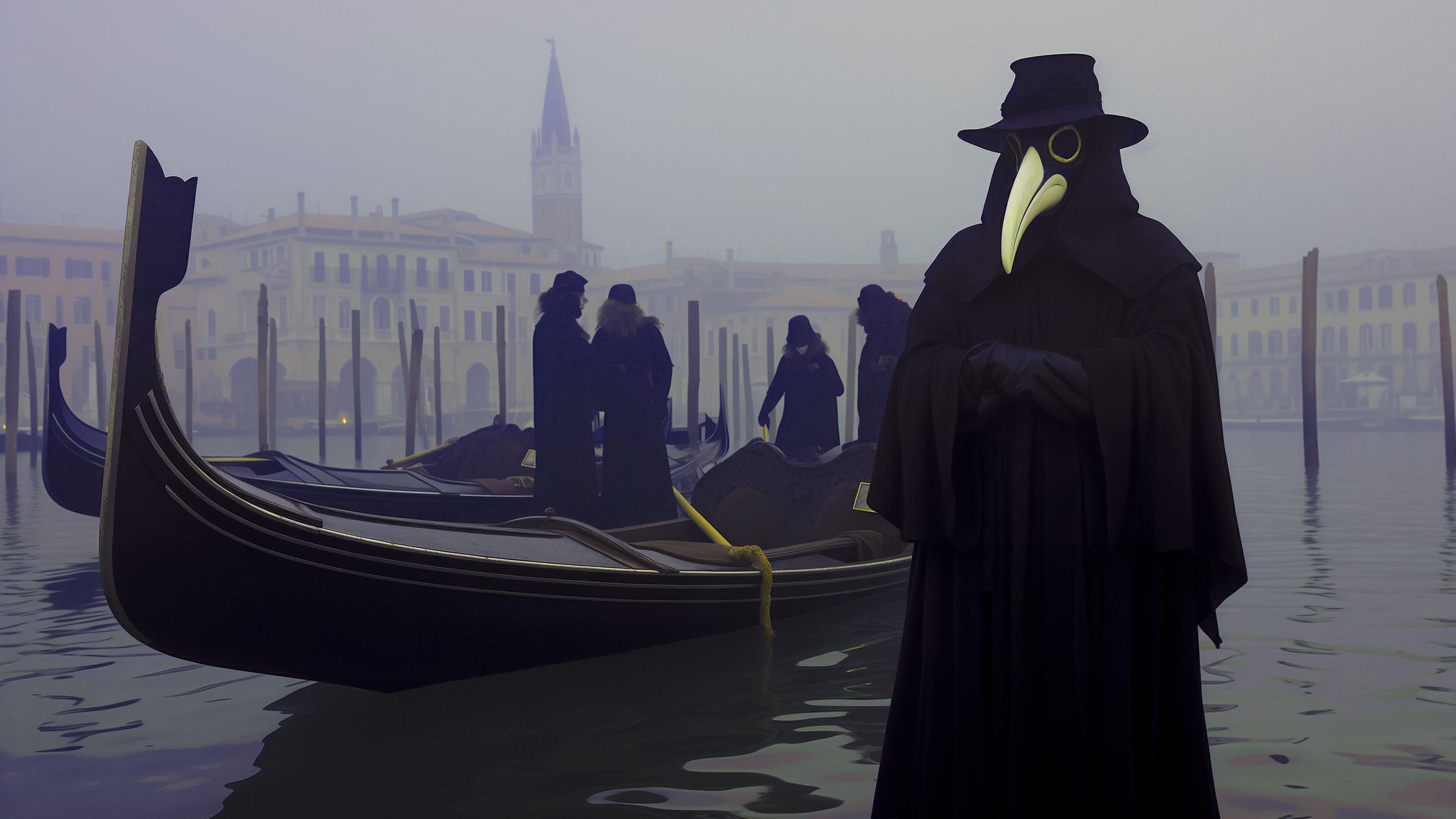 Vermummter Mann mit schwarzem Hut, schwarzem Mantel und einer gelben Pestmaske. Er steht rechts vor einem dunstigem Venedig mit Menschen auf Gondeln im schwarzen Schattenriss.