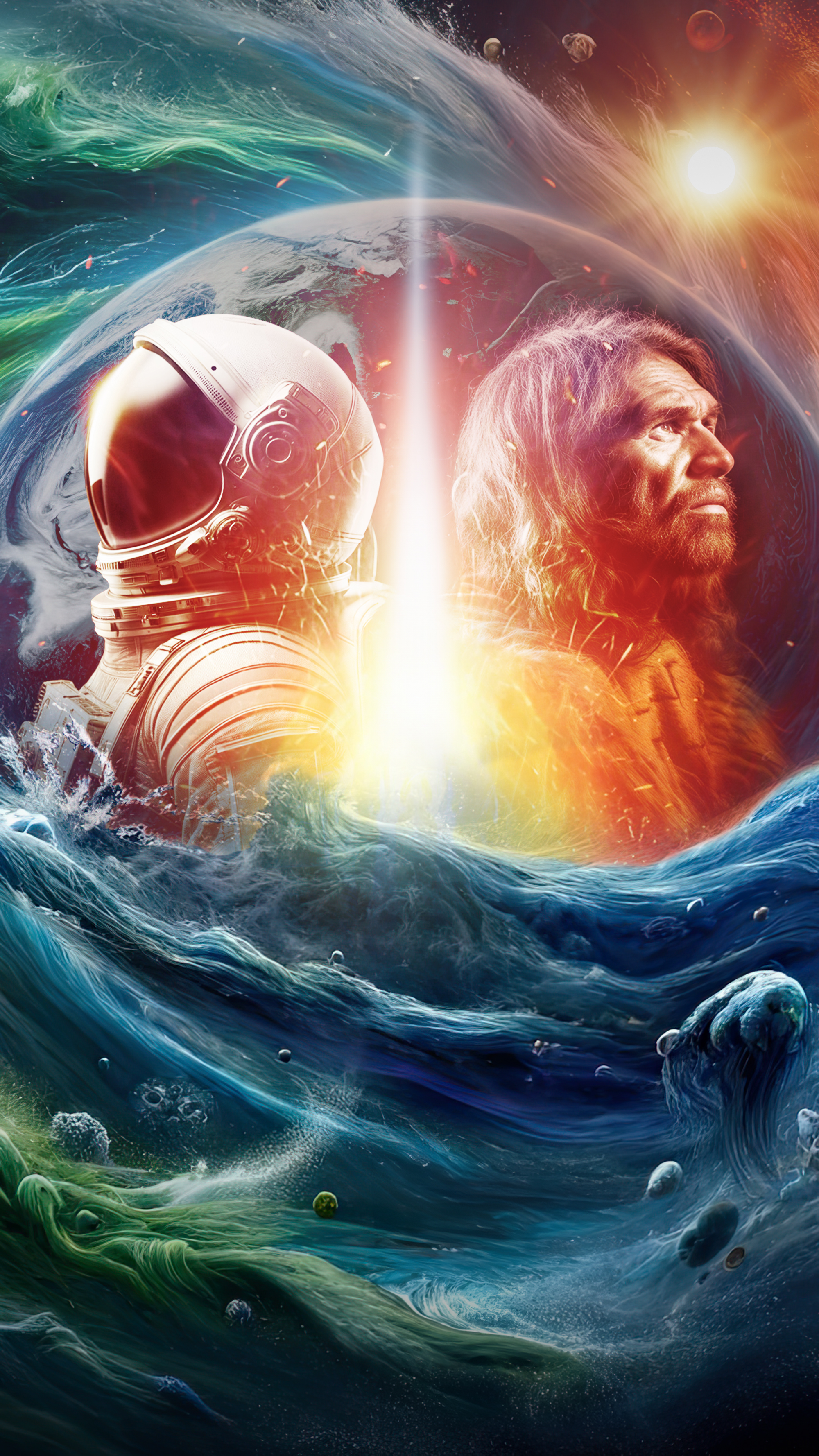 Collage: Astronaut und Steinzeitmensch stehen Rücken an Rücken in einem Psychodelischen Strudel aus grün, blauem Wasser, mit Planeten, Sternen und Feuer an den Bildrändern.
