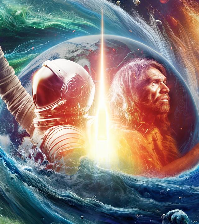 Collage: Astronaut und Steinzeitmensch stehen Rücken an Rücken in einem Psychodelischen Strudel aus grün, blauem Wasser, mit Planeten, Sternen und Feuer an den Bildrändern.