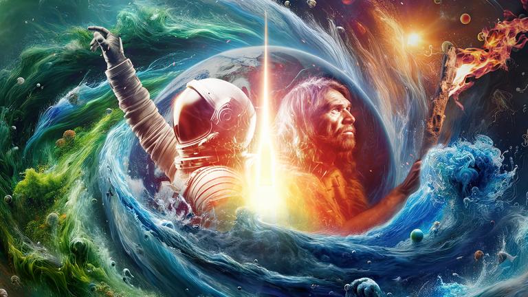 Collage: Astronaut und Steinzeitmensch stehen Rücken an Rücken in einem Psychodelischen Strudel aus grün, blauem Wasser, mit Planeten, Sternen und Feuer an den Bildrändern.