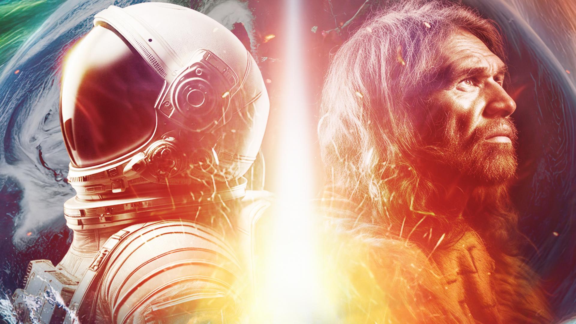 Collage: Astronaut und Steinzeitmensch stehen Rücken an Rücken in einem Psychodelischen Strudel aus grün, blauem Wasser, mit Planeten, Sternen und Feuer an den Bildrändern.