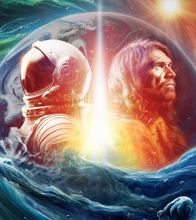 Collage: Astronaut und Steinzeitmensch stehen Rücken an Rücken in einem Psychodelischen Strudel aus grün, blauem Wasser, mit Planeten, Sternen und Feuer an den Bildrändern.