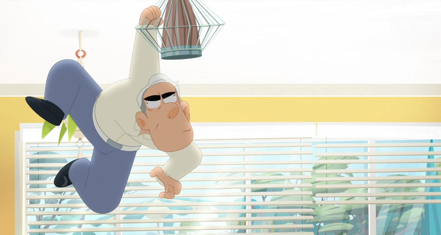 Sam hängt im Wohnzimmer an einer Hand von der Deckenlampe und schaut grimmig.