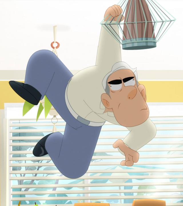 Sam hängt im Wohnzimmer an einer Hand von der Deckenlampe und schaut grimmig.