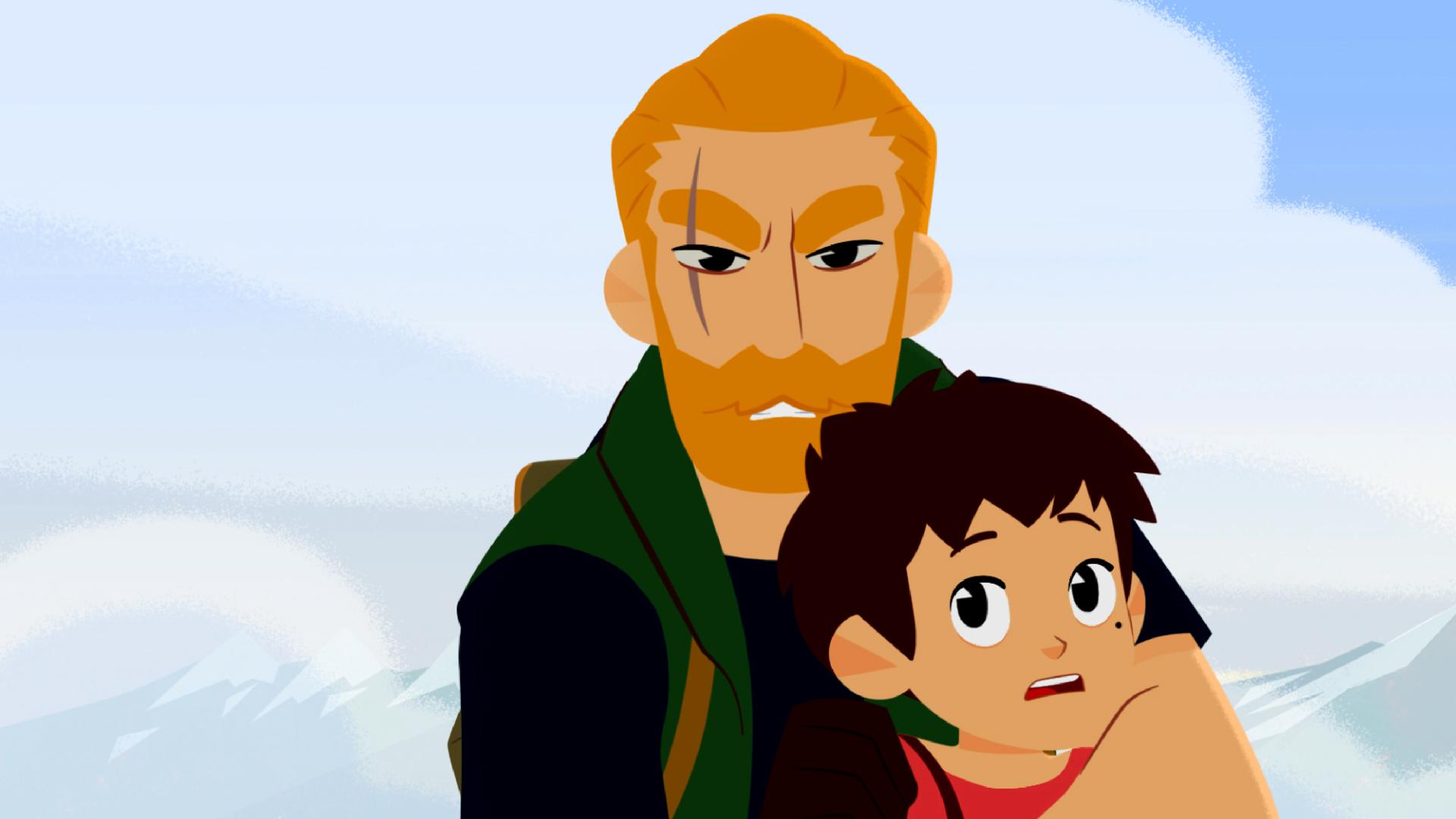 Anton hält Sebastian fest und guckt sehr böse. Sebastian sieht ängstlich aus.